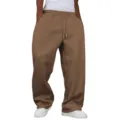 Detailed view of brown loose-fit wide-leg fleece-lined sweatpants showing elastic drawstring waist. - Dark Brown