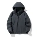 Detail view of a solid dark gray hooded outdoor hiking jacket for men, casual windbreaker. - M / Tops / Gray