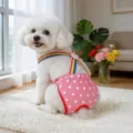 Bonito pantalón fisiológico para mascotas rosa con lunares y tirantes de arco iris para perros. - Rosa de Lunares