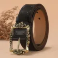 Cinturón de cuero vintage para mujer con hebilla de bronce ornamentada y diseño floral en relieve. - 105cm / Negro