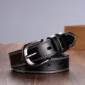 Cinturón de mujer de cuero negro auténtico con hebilla de metal y costura blanca. - 100cm / Negro