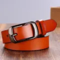 Cinturón de cuero genuino para mujer con hebilla de espiga accesorio de moda naranja estilo - Marrón / 105cm