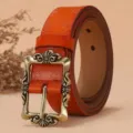 Cinturón Mujer Piel Vintage Naranja Hebilla Metal Retro Grabado Jeans Accesorio Moda - 105cm / Naranja