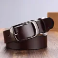 Women dark brown genuine leather belt with metallic pin buckle, classic stylish everyday wear var. - Coffee