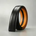 Men's automatic leather belt strap 3.5cm black cowhide with orange inner lining design. - Black Outer Coffee Bottom