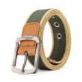 Canvas belt for men and women with metal pin buckle and leather trim, casual rolled style main view. - 100cm / Khaki Striped