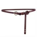 Women thin brown leather belt with gold round buckle elegant dress waist accessory. - Rivet Style / Red Brown