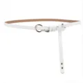 Minimalist white thin leather belt for women with elegant golden round buckle dress accessory. - Rivet Style / White