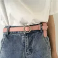 Pink women leather belt with silver round buckle minimalist stylish waist belt for jeans - Pink