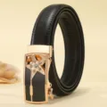 Elegante cinturón de cuero negro para mujer con hebilla automática de estrella y diamantes. - 105cm / Estrella / Negro