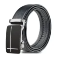 Men's black leather belt with stylish automatic metal buckle, casual business daily wear. - Cross Style / Silver