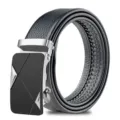 Men's automatic leather belt with stylish metal buckle, casual business black belt - Double Triangle Style / Silver