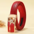 Red leather women belt with gold automatic rhinestone star buckle fashion waist strap - 105cm / Star / Red
