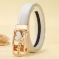 Women white leather belt with gold automatic buckle, rhinestone heart design for jeans. - 105cm / Heart / White