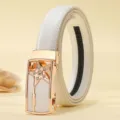 Women white leather belt with gold automatic buckle and rhinestone star design for jeans. - 105cm / Star / White