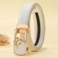 White women's genuine leather belt with gold automatic buckle and dolphin design accessory. - 105cm / Dolphin / White