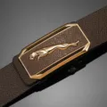 Cinturón de cuero marrón para hombre con hebilla automática gato dorado elegante accesorio - Patrón de Palma Oro Leopardo / 110cm