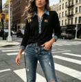 Top casual da donna a maniche lunghe con risvolto in denim e bottoni per la stagione autunnale. - Taglia S / Nero
