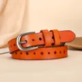 Orange women leather belt with pin buckle and decorative star cutouts, stylish trouser waist. - Round Star 2.3cm / Brown
