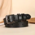 Black genuine leather belt featuring star cutouts and dark metal pin buckle for women. - Star 2.7cm / Black