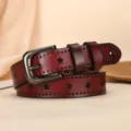 Women's genuine leather pin buckle belt wine red star perforated casual waist accessory. - Star 2.7cm / Coffee