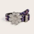 Stylish purple leopard print rhinestone belt with large sunflower buckle for women fashion. - Purple Rhinestone Sunflower Beaded