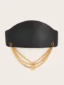 Detailed view of wide black elastic waist belt with multi-layer gold chains and D charm pendant. - Length 68cm Width 7.5cm / Black