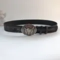 Detailed view of vintage western distressed black leather belt with metal bull skull buckle. - Black (Antique Silver Buckle) / 107cm