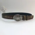 Western vintage distressed leather belt for women with unique metal bull skull buckle detail. - Dark Brown (Antique Silver Buckle) / 107cm