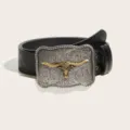 Western vintage longhorn buckle leather belt for men and women cowboy fashion daily wear - 102cm / Black