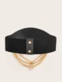 Black wide elastic waist belt for women, featuring a chic gold chain and D letter charm. - Length 88cm Width 7.5cm / Black