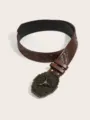 Western cowboy style PU embossed leather belt with vintage bull skull alloy buckle, trendy. - 102cm / Brown
