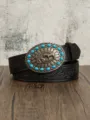 Western vintage style embossed leather belt featuring a large turquoise stone cross horse buckle. - 102x3.8cm / Black