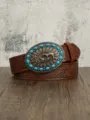 Vintage Western carved leather belt with turquoise cross horse relief buckle for men cowboy. - 102x3.8cm / Brown