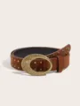Vintage brown suede belt with antique oval buckle and metal studs for women fashion. - 103cm / Brown