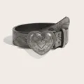 Close-up detail of grey embossed leather belt featuring an intricate vintage heart metal buckle. - 102cm / Gray Heart Embossed Belt