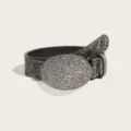 Vintage western style engraved belt with large floral metal buckle and printed strap detail. - 102cm / Gray Totem Embossed Belt