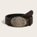 Vintage Western embossed leather belt with oval metal buckle for men and women cowboy style. - 102cm