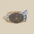 Western cowboy style leather belt with vintage bull skull buckle, embossed floral details. - 102cm / White