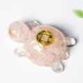 Rose quartz crystal turtle figurine with lucky coin resin ornament for home decor desk. - Rose Quartz
