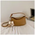 Vintage woven hobo shoulder bag for women, stylish casual tote with cute plush bear charm. - With Pendant / Brown