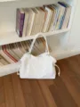 White polka dot tote bag, casual large capacity PU leather shoulder handbag for women commuting. - No Pendant / White