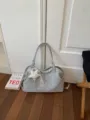 Grey polka dot tote bag for women, stylish large capacity shoulder bag for daily commute. - With Pendant / Gray