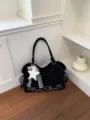 Korean style casual large capacity polka dot tote bag, elegant women shoulder handbag. - With Pendant / Black