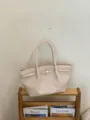 Borsa a mano tote intrecciata vintage coreana da donna, grande borsa casual beige. - senza ciondolo / Bianco