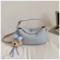 Chic woven shoulder bag for women, stylish faux leather hobo handbag with cute bear charm. - With Pendant / Blue