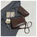 Dark brown leather crossbody shoulder bag set with cute bear charm and clutch purse. - Brown