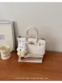 Elegant litchi pattern women handbag with cute plush dog pendant stylish commuter shoulder bag - With Pendant / White