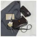 Minimalist dark brown leather shoulder underarm bag set with cute bow bear pendant and clutch. - Coffee With Charm