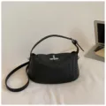 Black woven leather shoulder bag with metal lock closure, elegant commuter hobo handbag for daily wear. - No Pendant / Black